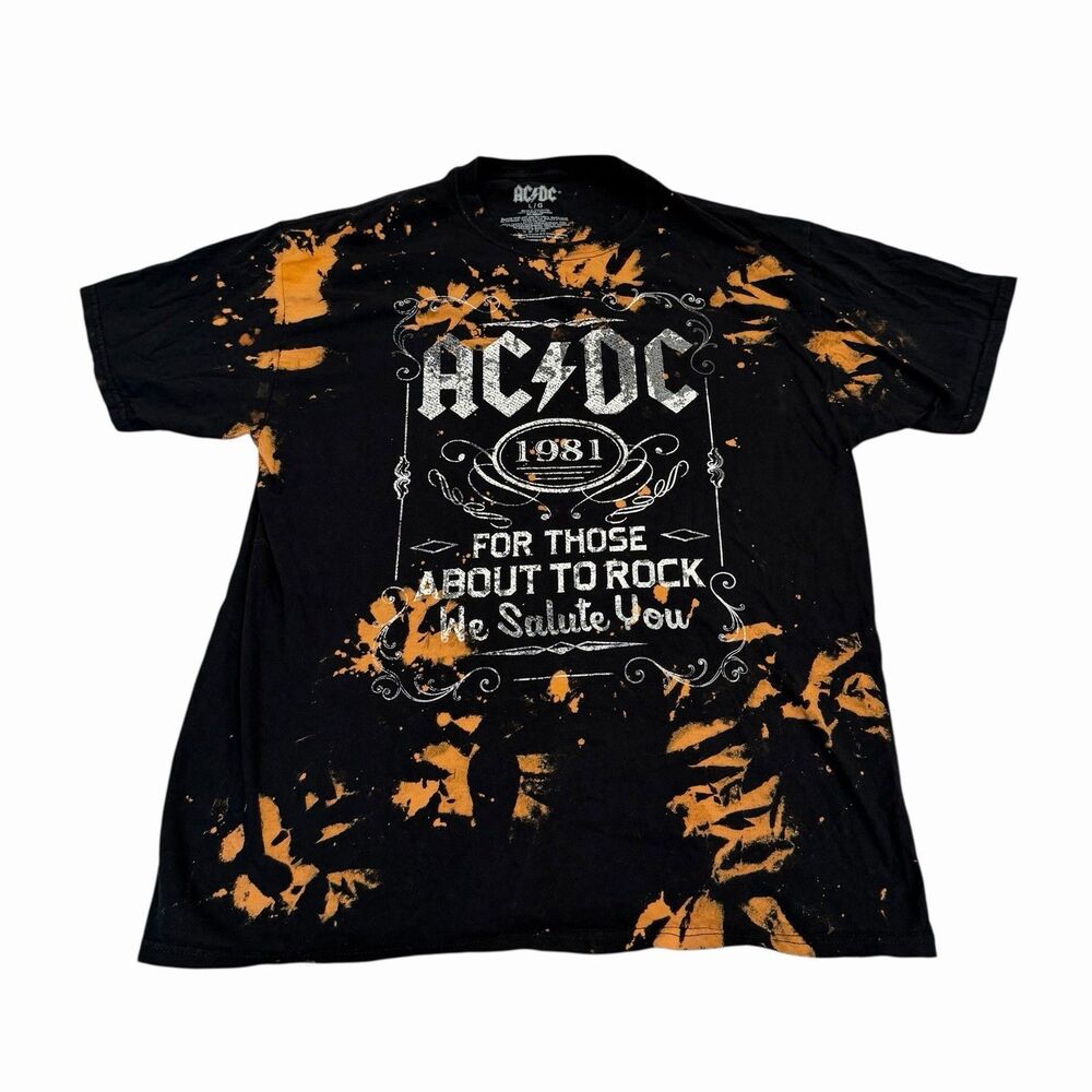 AC/DC T-Shirt Bleached Print Band 80s Mens Large Music Black Short Sleeve